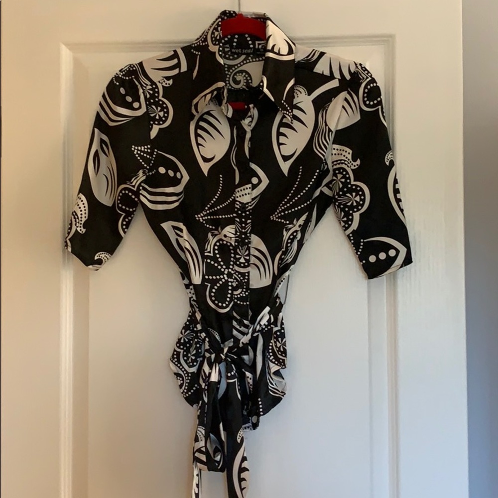 Wet Seal Satin Print Blouse with Belt